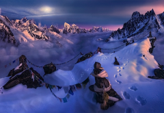 Nepal, Himalayas, nature, landscape, mountain, snow, summit, moonlight, sky, flag, winter, cold wallpaper