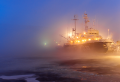 ship, port, lights, fog, ice wallpaper