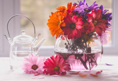 vase, flowers, petals, kettle wallpaper