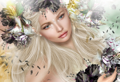 3d, graphics, women, girl, blonde, butterfly, tears, feather wallpaper
