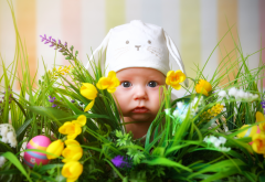 baby, child, cap, bunny, grass, flowers, tulips, eggs, easter, holidays wallpaper