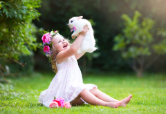 girl, child, nature, summer, grass, wreath, flowers, animals, rabbit, joy wallpaper