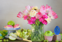 vase, flowers, tulips, fruits, apple, berry, grapes, knife, cake, food wallpaper