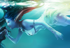 elf, demon, underwater, art, blue wallpaper