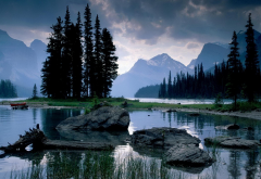 maligne lake. alberta, stones, fir tree, mountains, lake, canada, nature wallpaper