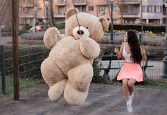 girl, big teddy, teddy bear, swing, toy, women, brunette, smile, skirt wallpaper