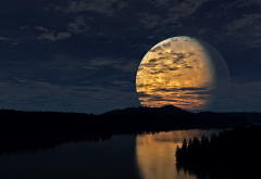 night, sky, moon, river, reflection, nature wallpaper