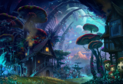 fantasy, house, forest, moon, mushroom, art wallpaper