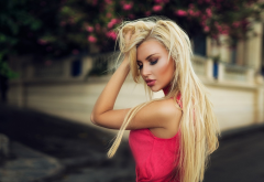 montse roura, women, blonde, red dress, cute, outdoor wallpaper