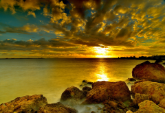 sunset, sky, sea, rocks, nature wallpaper