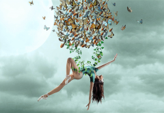 sky, women, legs, girl, gymnast, butterfly wallpaper