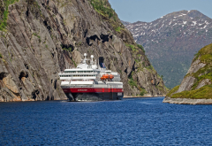 hurtigruten, fjord, norway, rocks, liner, cruise, cruise ship, ship, ms nordnorge wallpaper