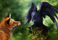 animals, fox, bird, crow, photoshop, art wallpaper