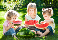 girls, watermelon, summer, children, smile, food wallpaper