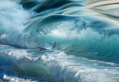 ocean, wave, paper boat, art, nature, splash wallpaper