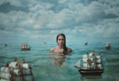 women, girl, photo, creative, sea, ships, clouds wallpaper