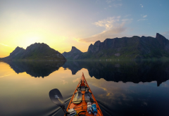 norway, extreme, kayak, lofoten, mountains, reflection, sea wallpaper
