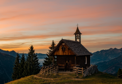 church, mountains, alps, nature, beautiful, sunset, austria wallpaper