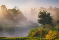 morning, fog, church, river, nerskaya river, moscow oblast, russia wallpaper