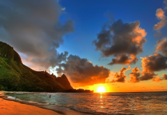 sunset, sea, beach, hawaii, shore, mountains, sun, clouds, nature wallpaper