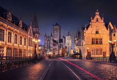 Ghent, Belgium, city, old building, architecture, night, starry night wallpaper