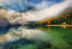 autumn, lake, mountains, nature, fog, forest wallpaper