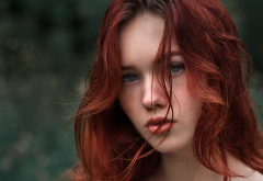 redhead, face, blue eyes, hair in face, portrait, women wallpaper