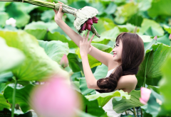 smiling, asian, plants, green, women, model wallpaper