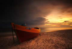 boat, sea, beach, sand, clouds, sunset, nature wallpaper