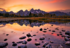 grand teton national park, landscape, water, autumn, nature, glow, reflection, mountains, sunset wallpaper