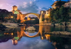 stari most, mostar, bosnia, nature, landscape, river, coast, bridge, old bridge, evening, reflection, city, bosnia and herzegovina, neretva river wallpaper