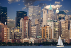 usa, city, new york, manhattan, skyscrapers, boat, sailboat wallpaper