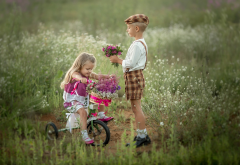 children, boy, girl, couple, nature, summer, field, bicycle, flowers, bouquet wallpaper