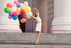 women, girl, balloons, smiling, summer dress wallpaper