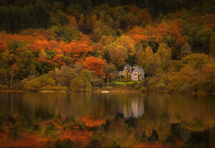 trossachs, scotland, loch achray, house, autumn, lake, trees, nature wallpaper