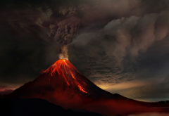 volcanic eruption, volcano, lava, dark clouds, eruption wallpaper