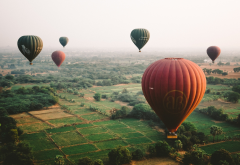 balloon, nature, flight, field, hot air balloon, myanmar  wallpaper