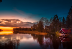 finland, lake, reflection, sunset, nature wallpaper