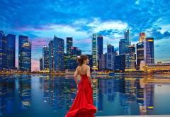 red dress, cityscape, skyscrapers, singapore, smilig girl wallpaper