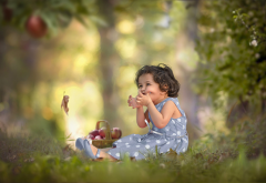 girl, apple, mood, forest, branches, grass, sitting, basket, little girl, child wallpaper