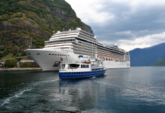 flam, norway, fjord, ship, cruise ship wallpaper