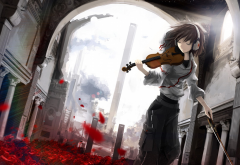 anime, anime girls, violin, violin girl, headphones, rose, leaves, building, architecture wallpaper