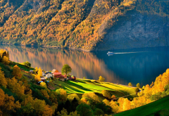 norway, autumn, fjord, ship, forest, village, nature wallpaper