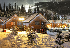 winter, mountains, village, snow, forest, cottage wallpaper