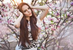 cherry blossom, brunette, brown eyes, looking at viewer, smoky eyes, women outdoors wallpaper