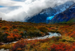 nature, beautiful, sky, clouds, fog, mountains, snow, slope, stream, grass, autumn wallpaper