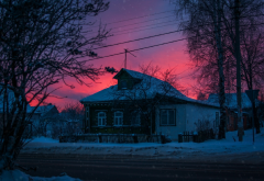 house, trees, nature, sky, sunset, village, russia, snow, winter wallpaper