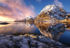 mountains, snow, water, reflection, lofoten, sea, norway, nature wallpaper