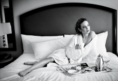 brie larson, actress, monochrome, bed, pillow, house coat, coffee, breakfast wallpaper