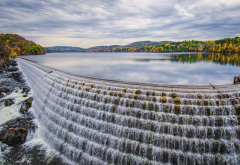 dam, cascades, reservoir, autumn, nature wallpaper